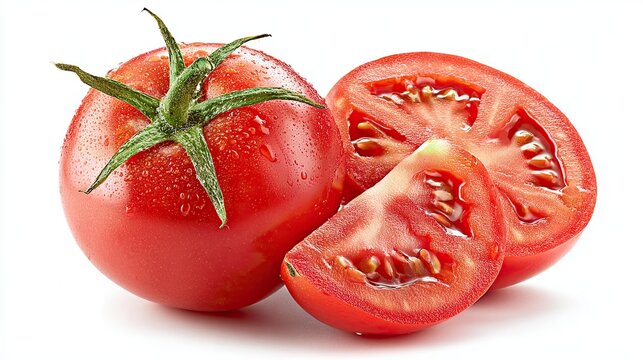 Fresh red tomato with slices isolated on white background