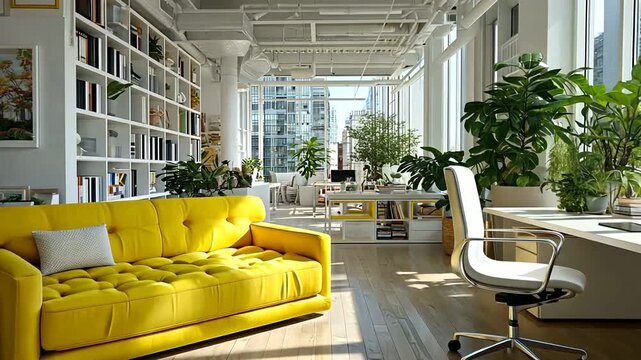 Bright and Modern Home Office Space with Vibrant Yellow Sofa and Green Plants Fully Equipped and