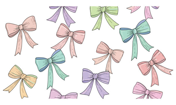 Hand-drawn pastel colorful gift bows background illustration for celebration, greeting cards, and festive designs.