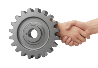 Two human hands shake across the face of a metallic machine gear