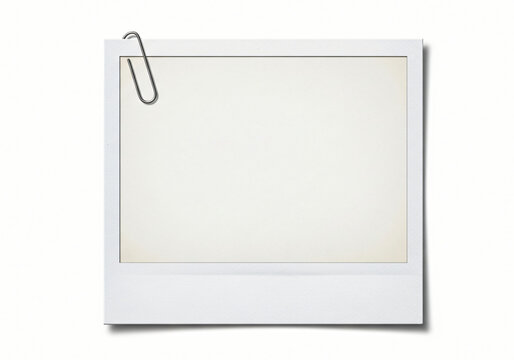 Blank instant photo frame with paper clip isolated PNG, retro style picture template for memories and design use on white background 