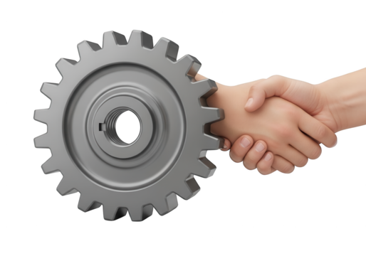 Two human hands shake across the face of a metallic machine gear