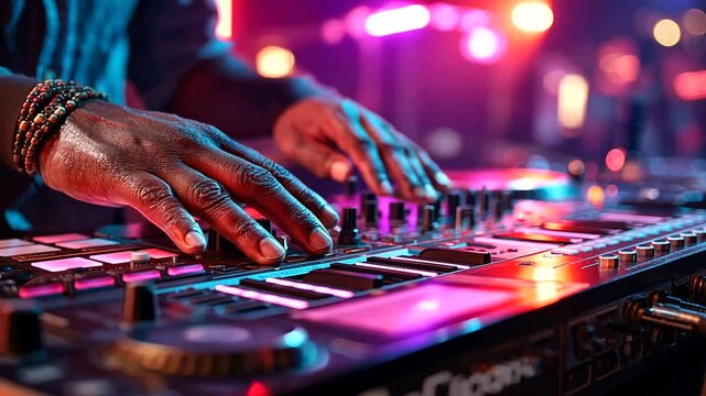 Vibrant electronic music DJ performance highlighting hands on colorful DJ controller with dynamic