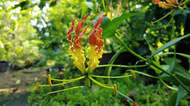 Exotic Gloriosa Superba Flame Lily flower blooming in green tropical garden nature