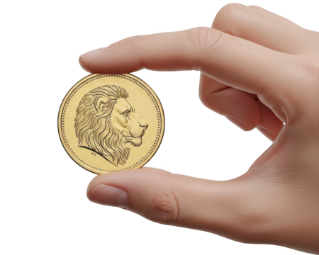 Person delicately holding a shiny golden round object engraved with a lion profile against a dark background
