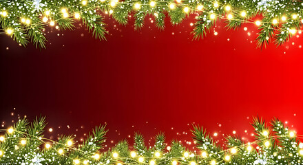 Festive Christmas border with illuminated green fir branches and sparkling lights on a red background.