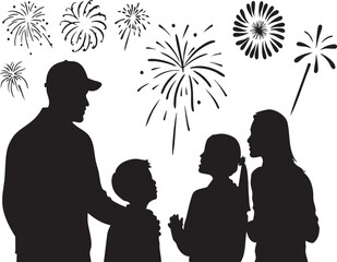 Family Silhouette Watching Fireworks – Festive Togetherness Vector for Celebration Themes