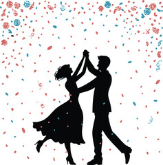 Dancing Couple Silhouette with Confetti – Joyful Celebration Vector Illustration