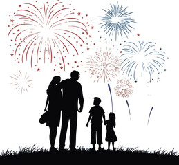 Family Silhouette Watching Fireworks – Festive Outdoor Celebration Vector Illustration