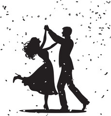 Dancing Couple Silhouette with Confetti – Romantic Celebration Vector Illustration