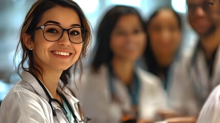Confident female healthcare professional with glasses and stethoscope smiling in hospital corridor with diverse medical team in background.