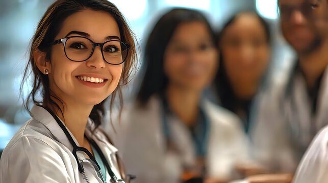Confident female healthcare professional with glasses and stethoscope smiling in hospital corridor with diverse medical team in background.