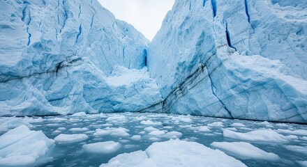 Imposing view of a massive glacier wall with deep blue crevasses and textured ice, meeting a frigid polar sea filled with floating icebergs and floes