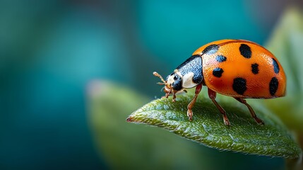 Vibrant orange ladybug with black spots walking on green leaf against blurred turquoise background. Perfect for nature, gardening, and insect photography.