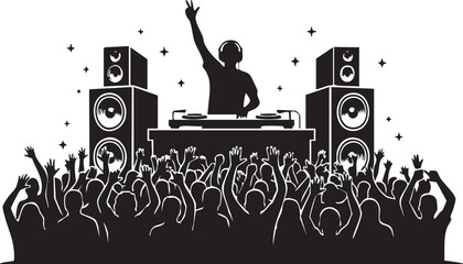 DJ Concert Silhouette with Crowd, Speakers, and Fireworks – Energetic Music Event Vector Illustration
