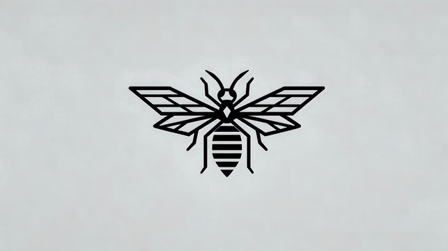 Minimalist black bee silhouette with detailed wings and striped body on light gray background, perfect for logo design and branding projects.