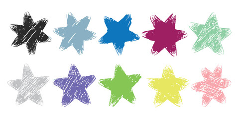 Colorful hand drawn grunge stars collection, a set of vibrant textured scribbled star shapes on a white background.