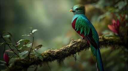 Resplendent quetzal bird with vibrant turquoise and red plumage perched on mossy branch in misty tropical rainforest surrounded by lush vegetation.