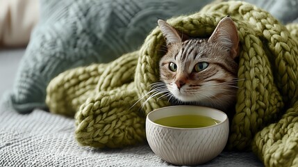 Cozy tabby cat wrapped in chunky knit green blanket with cup of green tea on soft textile background, creating warm home atmosphere.