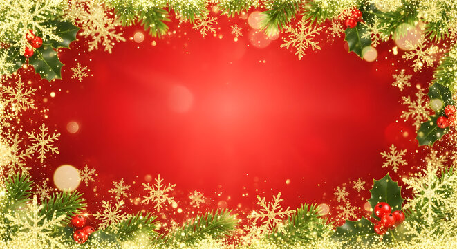 Festive Christmas background with a red center, framed by snowflakes, holly leaves, berries, and evergreen branches with a golden glitter effect.