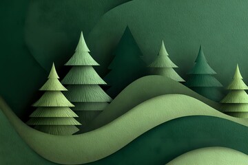 Paper craft forest landscape with layered green pine trees on rolling hills, creating a minimalist nature scene for environmental themes.