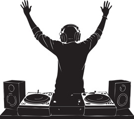 DJ Silhouette with Raised Arms and Turntable Setup – Energetic Music Performance Vector