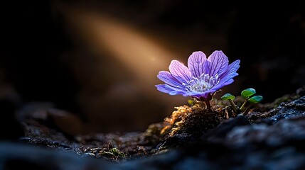 Delicate purple wildflower growing alone in dark forest soil, illuminated by single ray of sunlight against blurred dark background.