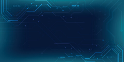 Futuristic blue circuit board background with glowing digital lines and tech elements