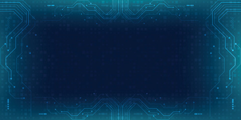 Futuristic blue circuit board background with glowing digital lines and tech elements