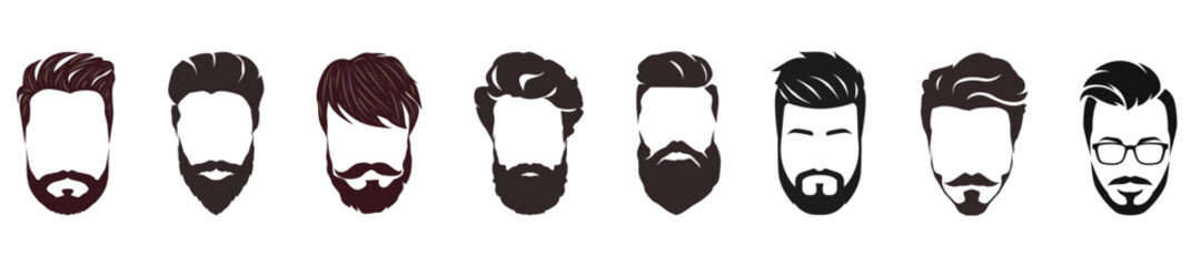 Set of 8 Vector Bearded Men Faces with Stylish Haircuts and Trendy Barbershop Designs