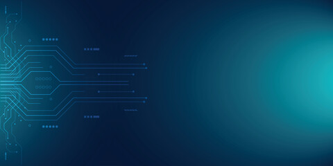 Futuristic blue circuit board background with glowing digital lines and tech elements