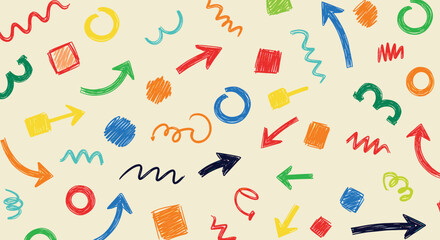 Colorful doodle pattern with handdrawn arrows, circles, squares, and squiggles on a light beige background creating a playful and whimsical design element