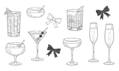 Hand-drawn collection of classic cocktails, various drink glasses, and decorative bows for design projects