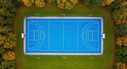 Aerial top-down drone view of a vibrant blue basketball court surrounded by a lush green lawn and colorful autumn trees in a public park, creating a striking symmetrical composition