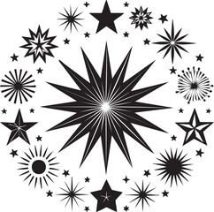 Circular Starburst Silhouette with Decorative Stars – Symmetrical Black and White Vector Design