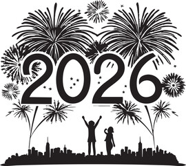 2026 Celebration Silhouette with Fireworks and City Skyline – Festive New Year Vector Illustration