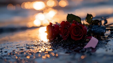 Red roses lying on wet sand at sunset with golden bokeh reflections on ocean waves creating romantic beach atmosphere.