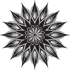Radial Mandala Silhouette with Petal and Leaf Motifs – Symmetrical Black and White Vector Design