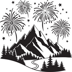 Mountain Landscape Silhouette with Fireworks and Pine Trees – Festive Night Vector Illustration