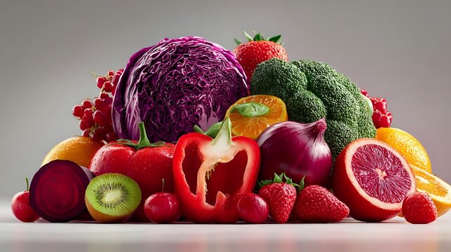 Fresh colorful fruits and vegetables arranged in vibrant display with red cabbage, strawberries, broccoli, peppers, citrus, and kiwi on neutral background for healthy eating concept.