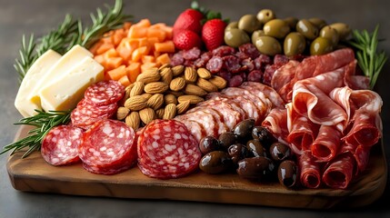 Gourmet charcuterie board with assorted meats, cheese, nuts, olives, and fresh strawberries on wooden serving platter, garnished with rosemary sprigs.