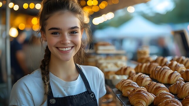 Young woman with braided hair smiling at bakery stall with fresh croissants and pastries at outdoor market, warm bokeh lights in background.
