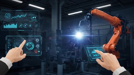 An industrial scene displays robotic arm welding with digital interface overlaid, controlled with a touch-screen and graphs - Powered by Adobe