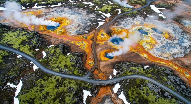 Aerial view of a vibrant geothermal area with steaming fumaroles, colorful mineral deposits, and a winding path through a volcanic landscape with moss and snow - Powered by Adobe