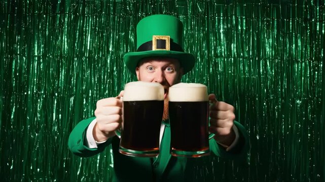 Happy man in leprechaun costume holding two pints of dark beer. Red bearded Irish character toasting with stout against green tinsel background. St. Patrick's Day celebration concept