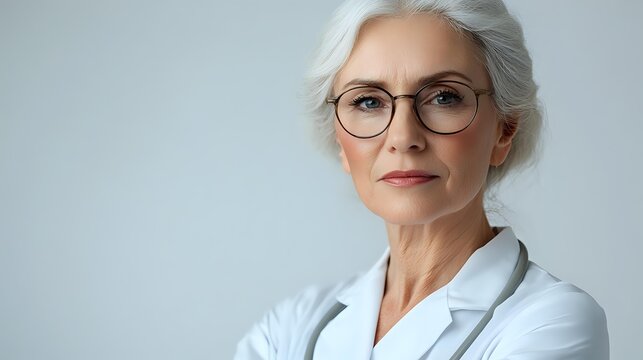 Senior Caucasian woman with silver hair and glasses wearing white lab coat against light blue background, portraying confidence and professionalism in healthcare setting.