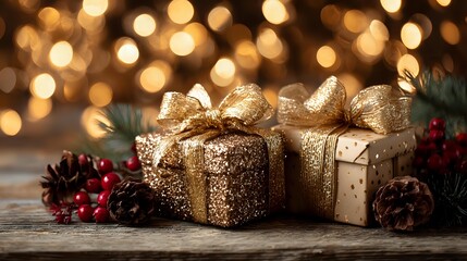 Festive golden gift boxes with glittery bows on rustic wooden surface, surrounded by pine cones and red berries against warm bokeh background.