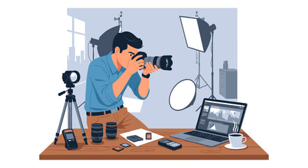 A photographer in a studio setting takes a picture, surrounded by equipment.