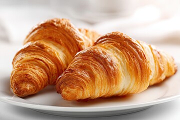 Two croissants on a plate on a white background