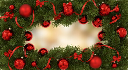 A festive Christmas frame made of evergreen branches, decorated with shiny red baubles and ribbons.